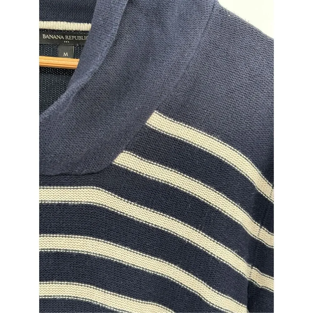 Banana Republic Sweater‎ Shawl Collar Men Medium Navy Blue Striped Long Sleeve